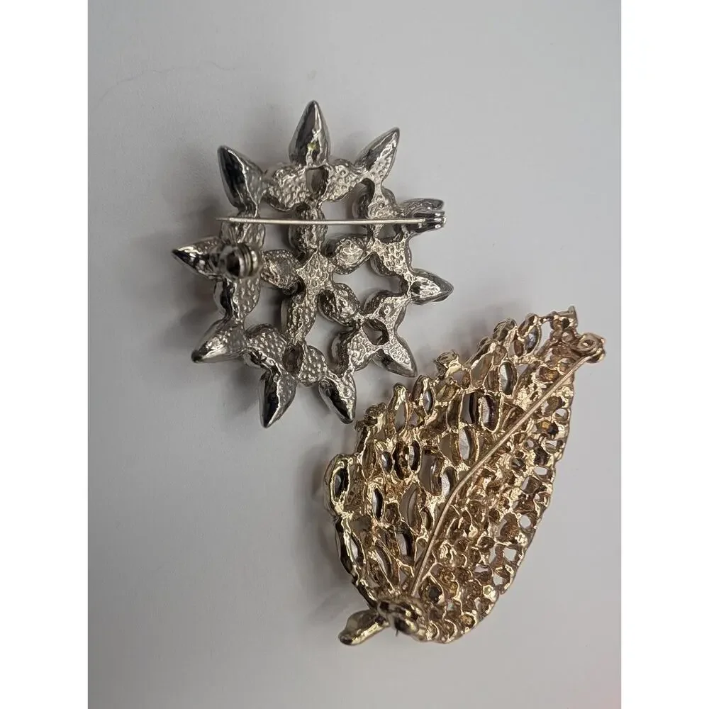 Vintage Style Rhinestone Brooch Pin Lot Leaf & Starburst Autumn Tones